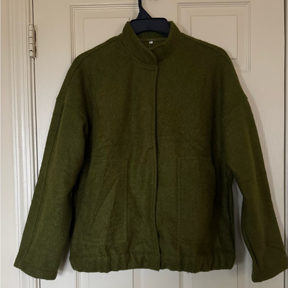 Olive Green Women's Jacket - Minimal Stand Collar